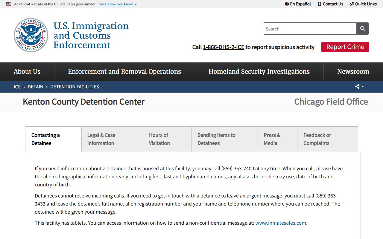 ICE page for Kenton County Detention Center detainee lookup
